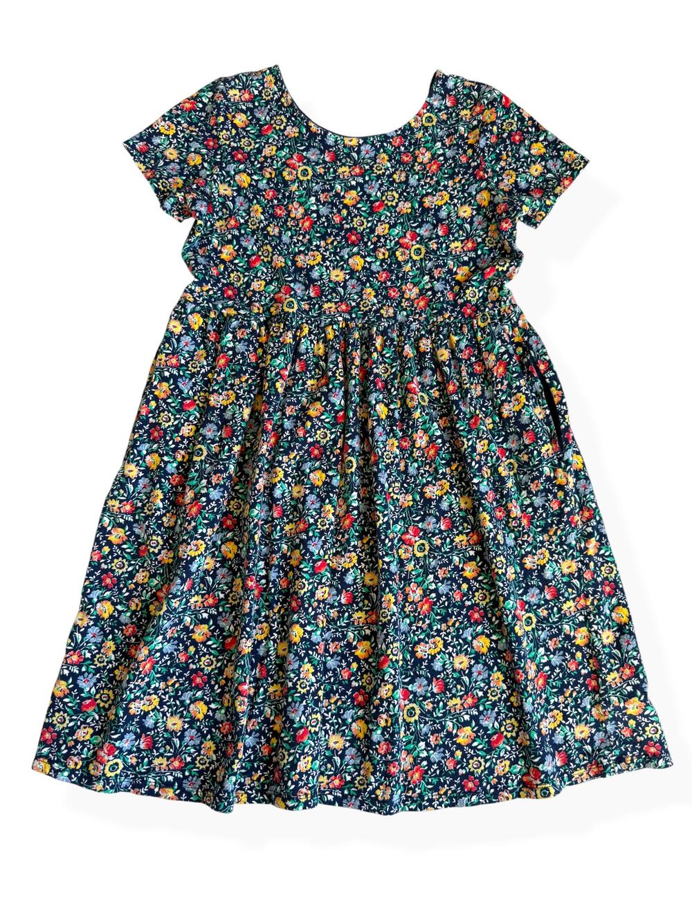 Lands End Girls Large 10/12 Navy Floral Short Sleeve Cotton Dress